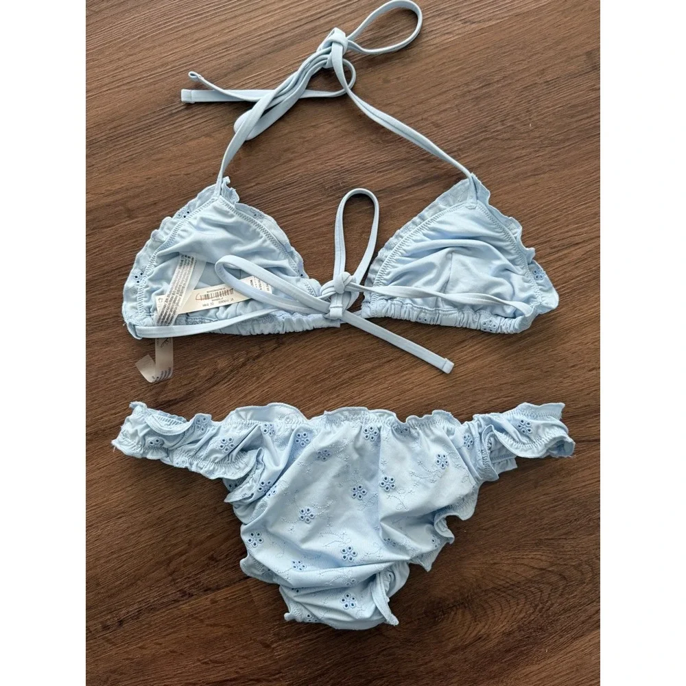 Victoria's Secret PINK x Frankies Bikinis Blue Eyelet Ruffle Set M Beach Resort